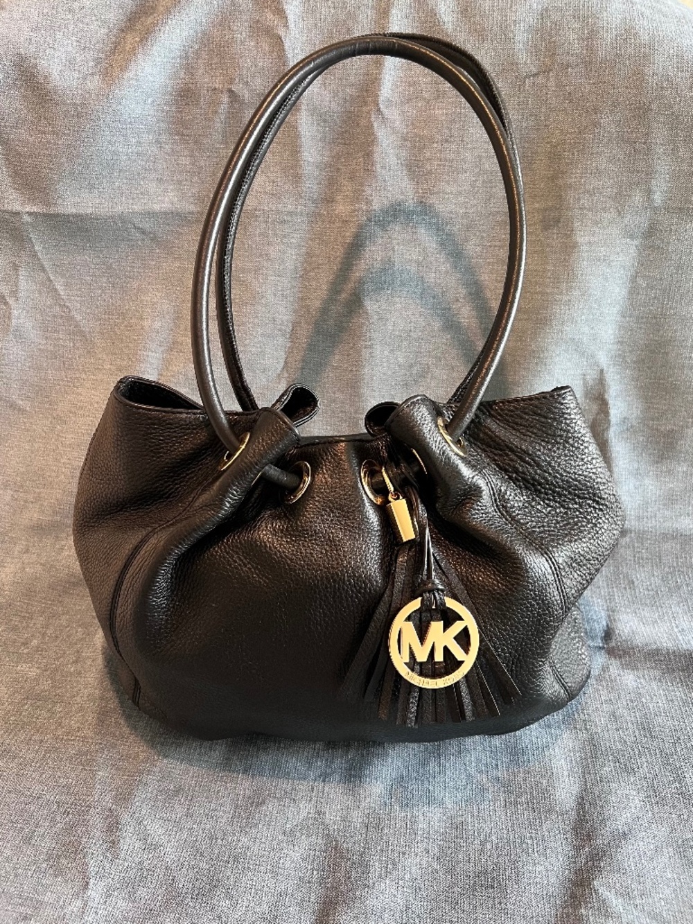 Michael Kors Black Pebbled Leather Tassel Drawstring Shoulder Bag Gold Hardware